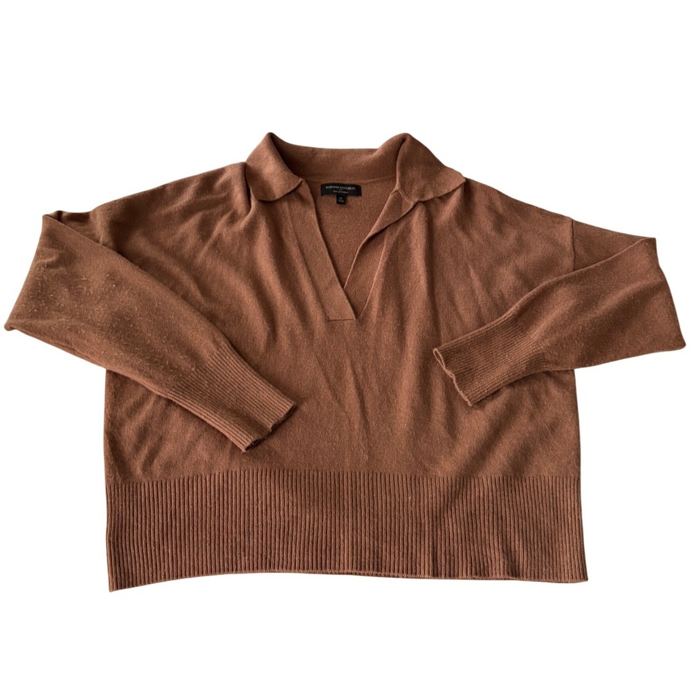 Banana Republic Cashmere Polo Sweater XL Camel Brown Johnny Collar Crop Knit Wms - Picture 3 of 5